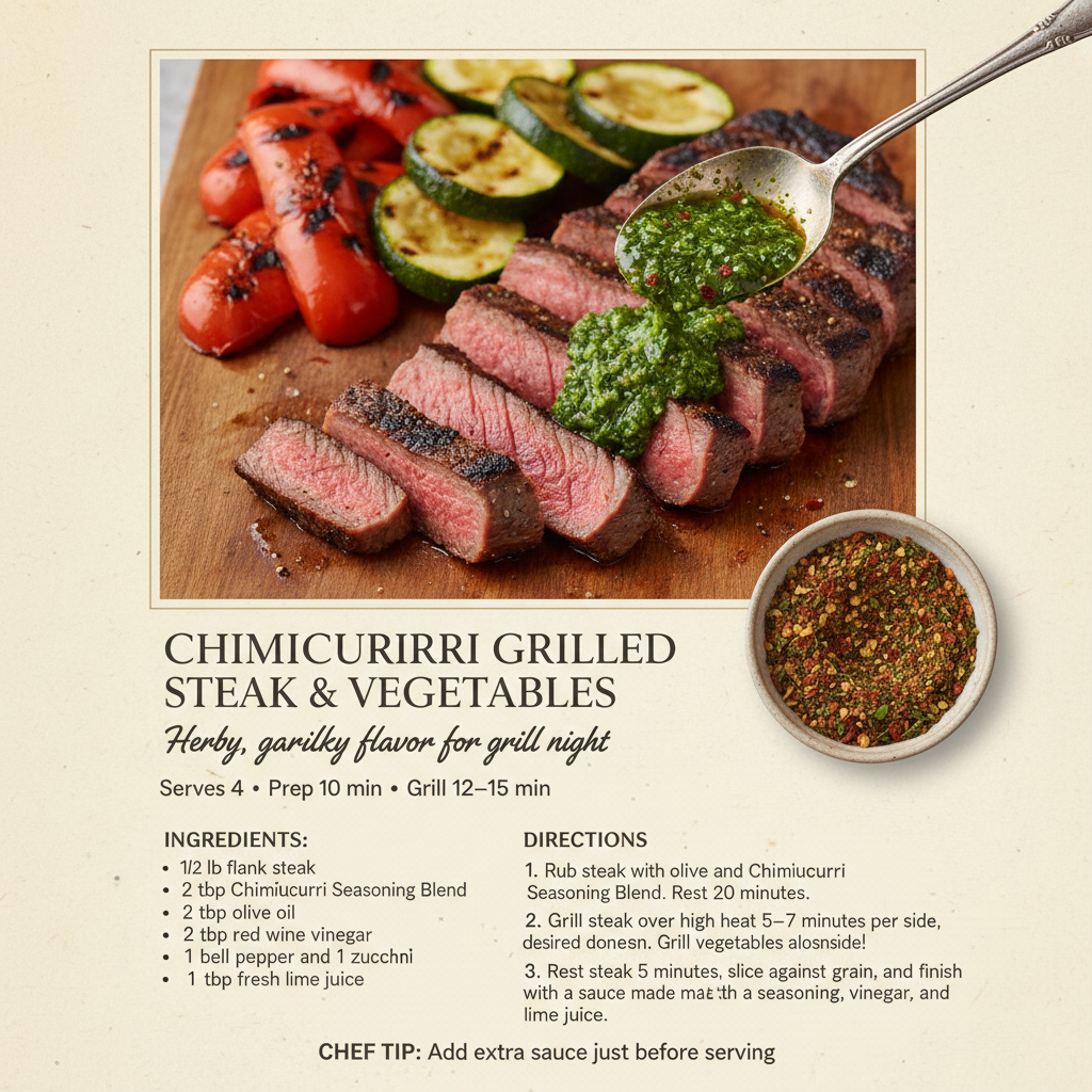 Chimichurri Grilled Steak and Vegetables recipe card