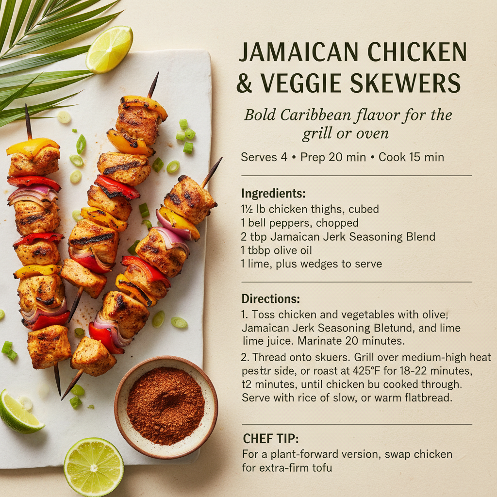 Jamaican Jerk Chicken and Veggie Skewers recipe card